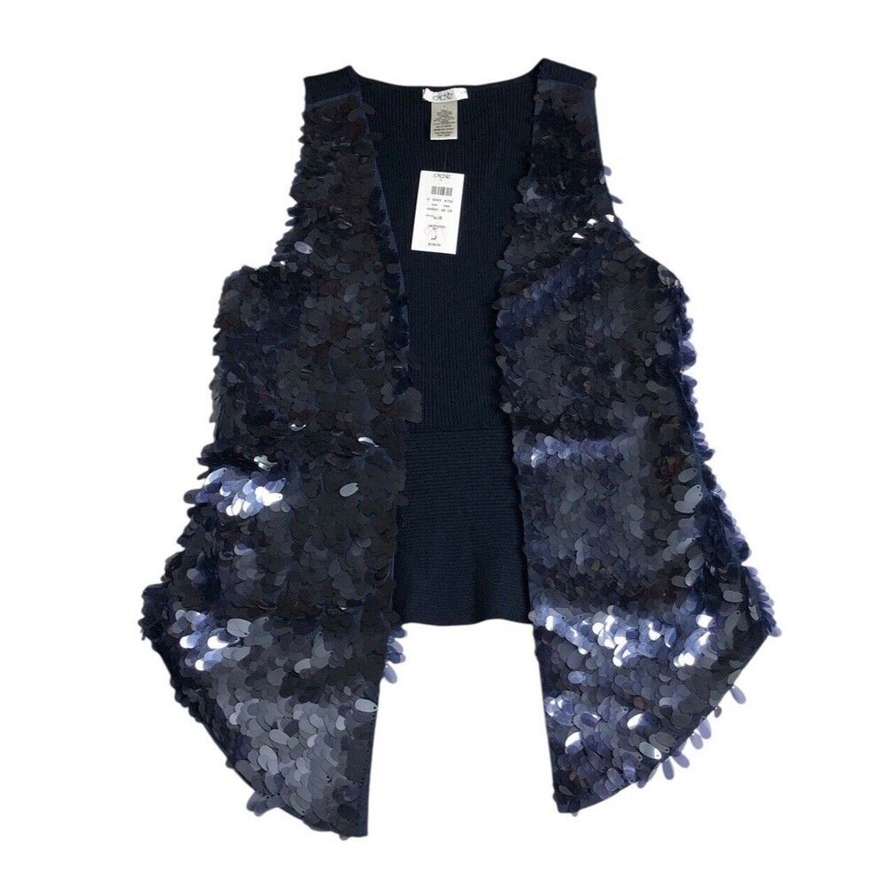 Cache Cardigan Vest Womens S Blue Sequined Sleeveless Open‎ Ribbed Career Chic